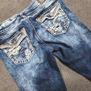 Silver Jeans Co Elyse Mid Boot Women 27x33 Blue Distressed Stretch Denim